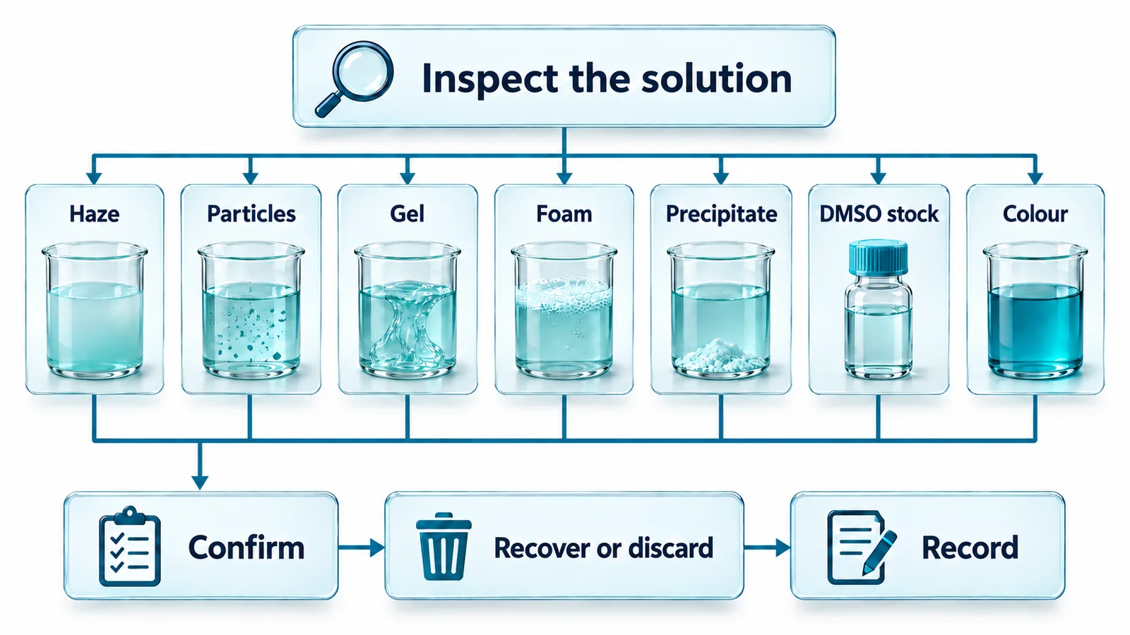 Troubleshooting flow with seven peer symptoms: haze, particles, gel, foam, precipitate, DMSO stock, and colour. Each leads to a common confirmation step, followed by a recover-or-discard decision and a preparation record.