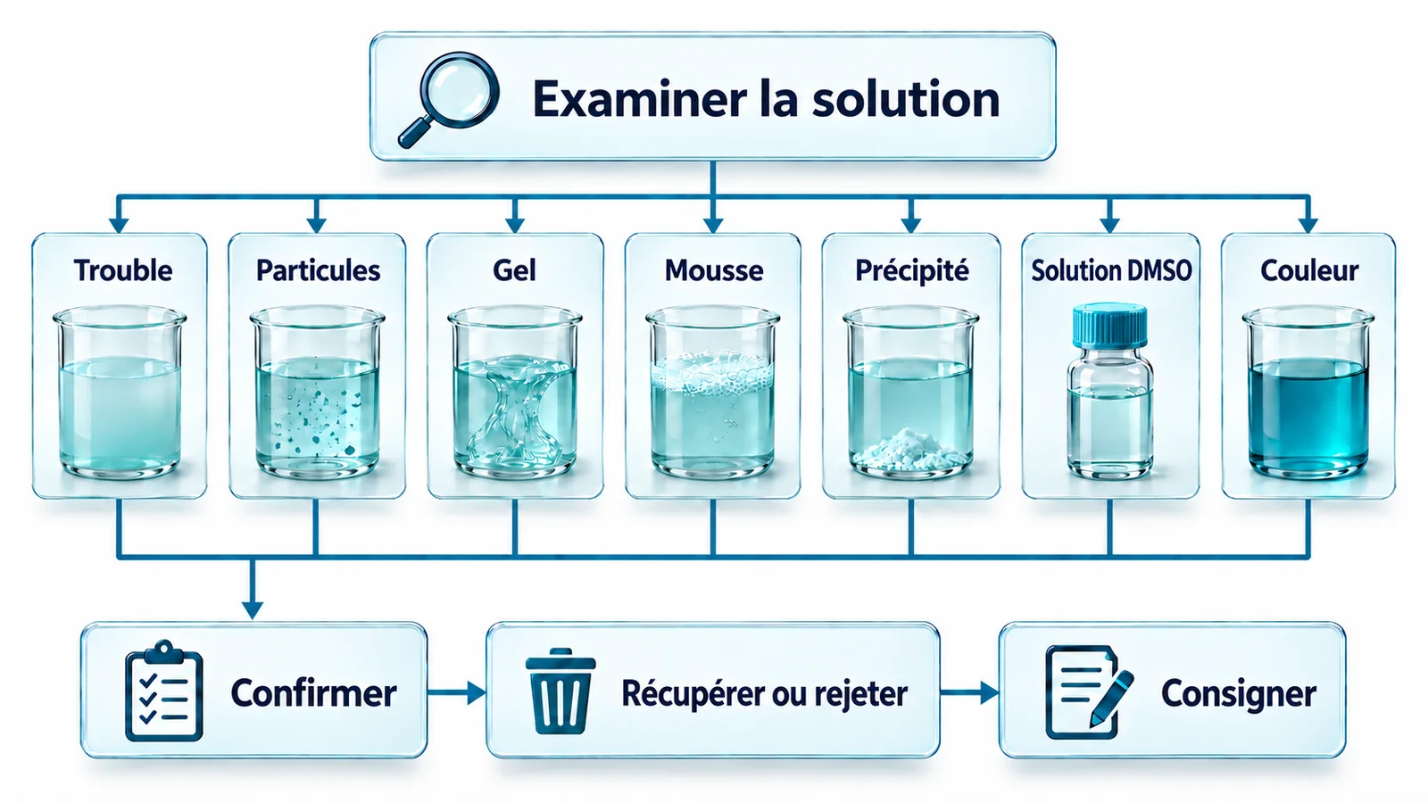 Arbre de dépannage montrant sept symptômes de même niveau : trouble, particules, gel, mousse, précipité, solution DMSO et couleur. Chacun mène à une vérification commune, puis à une décision de récupération ou de rejet et à la consignation de la préparation.