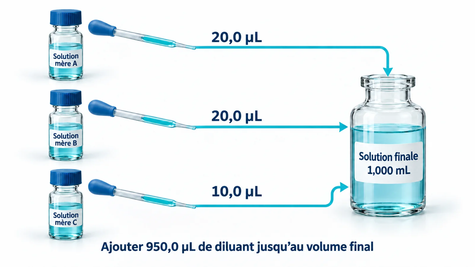 Trois flacons de solution mère alimentent une seule solution finale au moyen de pipettes à poire distinctes : la solution mère A fournit 20,0 µL, la B fournit 20,0 µL et la C fournit 10,0 µL. Le schéma indique d’ajouter 950,0 µL de diluant pour atteindre un volume final de 1,000 mL.
