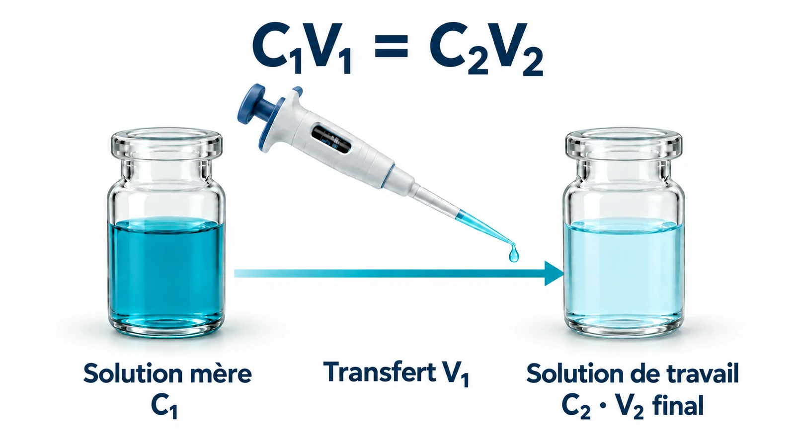 L’équation C₁V₁ = C₂V₂ apparaît au-dessus d’une pipette qui transfère V₁ d’une solution mère turquoise foncée, étiquetée C₁, vers une solution de travail plus pâle, étiquetée C₂ · V₂ final. Une flèche vers la droite aboutit au flacon de la solution de travail.