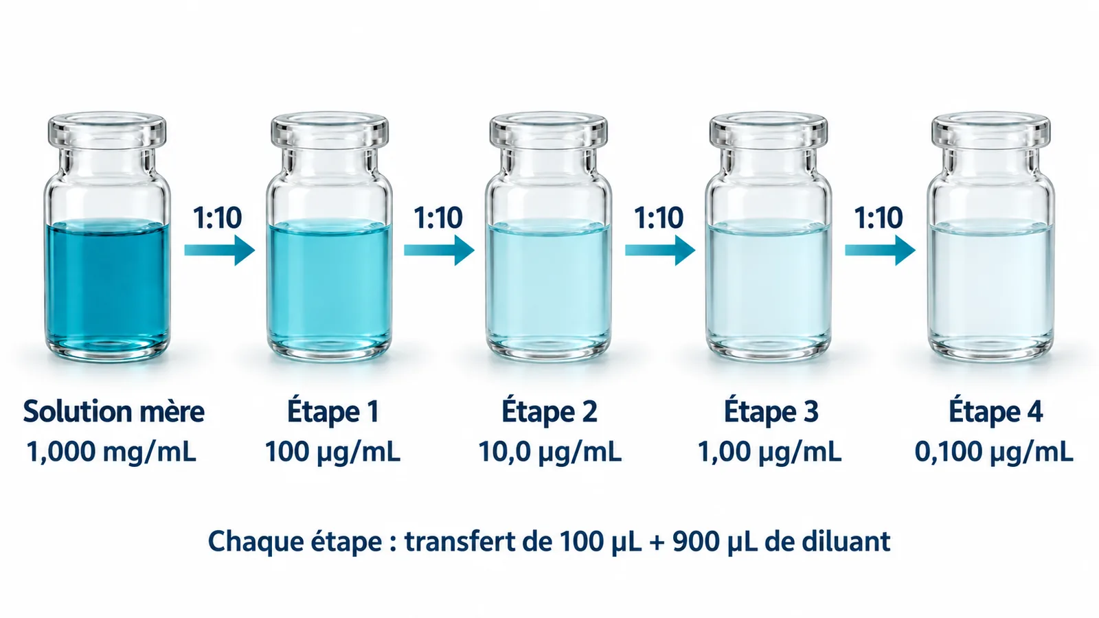 Cinq flacons de verre de même volume illustrent quatre dilutions 1:10 : solution mère à 1,000 mg/mL, étape 1 à 100 µg/mL, étape 2 à 10,0 µg/mL, étape 3 à 1,00 µg/mL et étape 4 à 0,100 µg/mL. Chaque étape transfère 100 µL dans 900 µL de diluant; la solution pâlit.