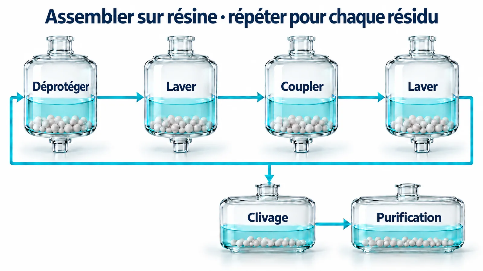 Répétition de synthèse en phase solide sur résine : déprotéger, laver, coupler, laver, puis répéter pour chaque résidu. Une sortie de la boucle mène au clivage, puis à la purification. Quatre flacons de verre forment la boucle et deux flacons inférieurs montrent les étapes finales.