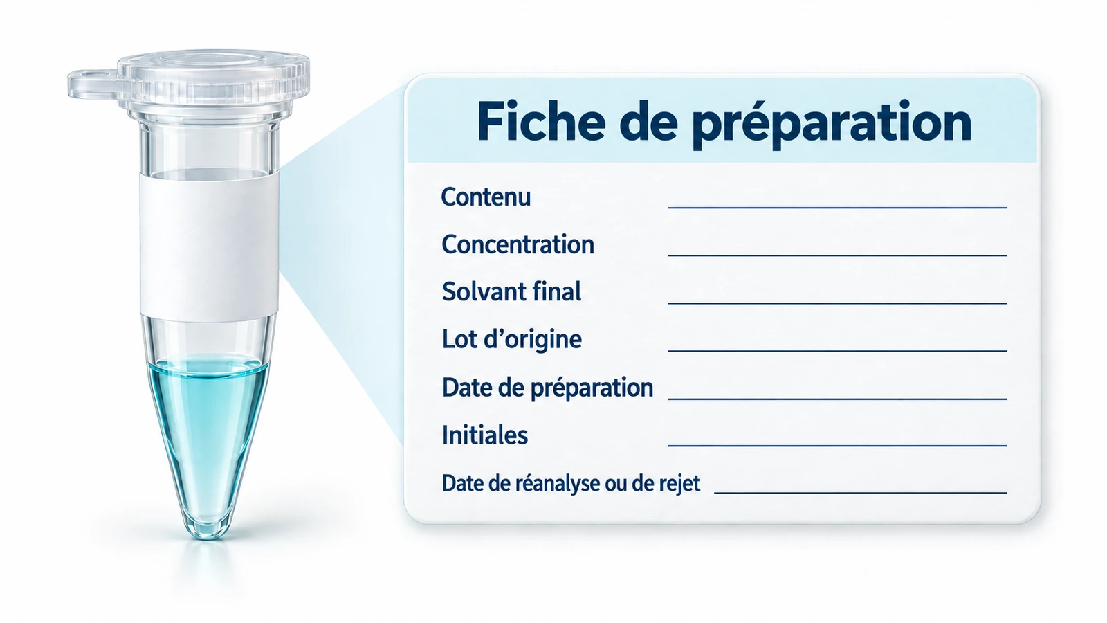 Un microtube transparent contenant un peu de liquide turquoise pâle et portant une étiquette adhésive vierge apparaît à côté d’une fiche de préparation agrandie. La fiche comporte sept champs vides : Contenu, Concentration, Solvant final, Lot d’origine, Date de préparation, Initiales et Date de réanalyse ou de rejet.
