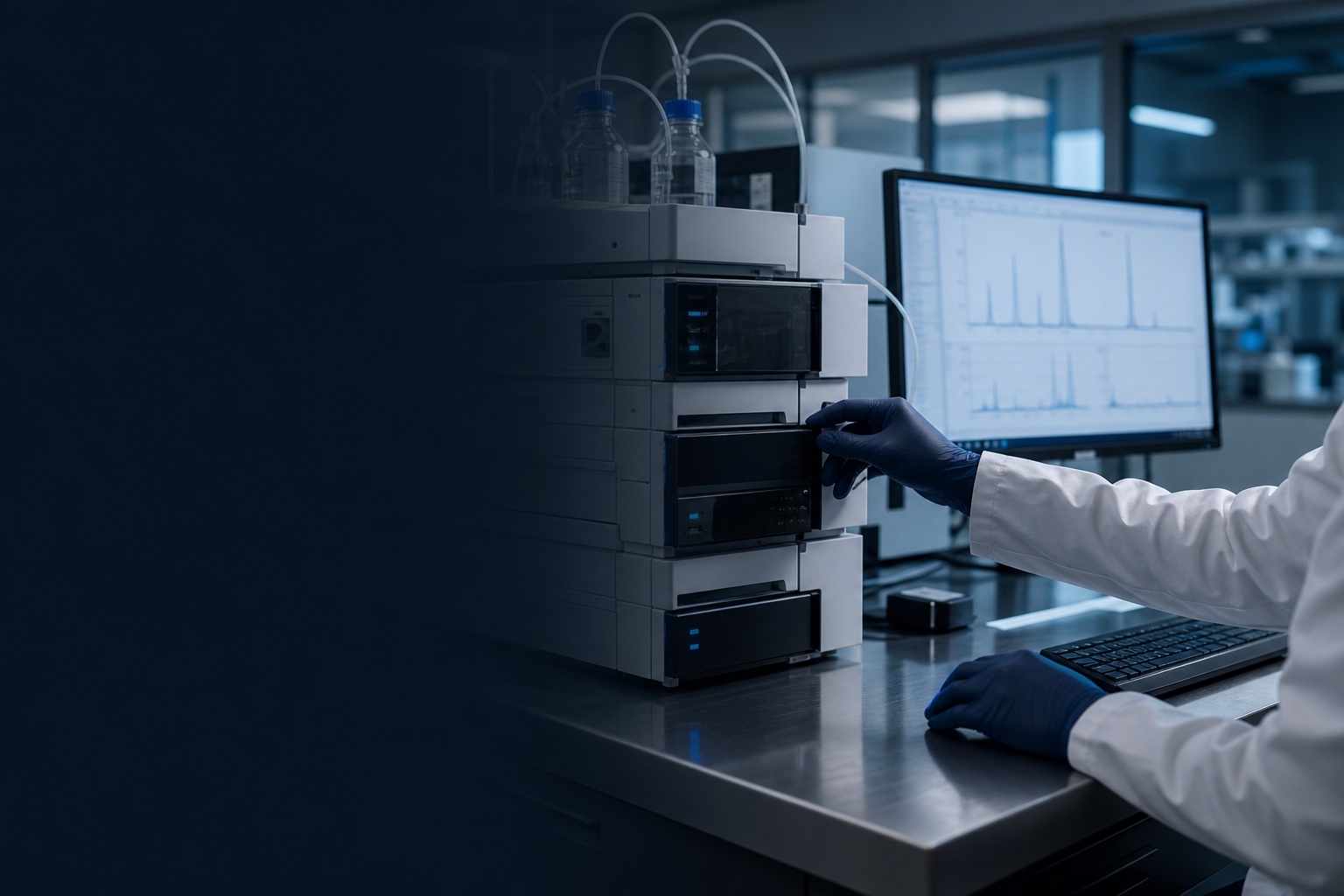 A laboratory analyst operates chromatography equipment while reviewing analytical results on a nearby monitor.