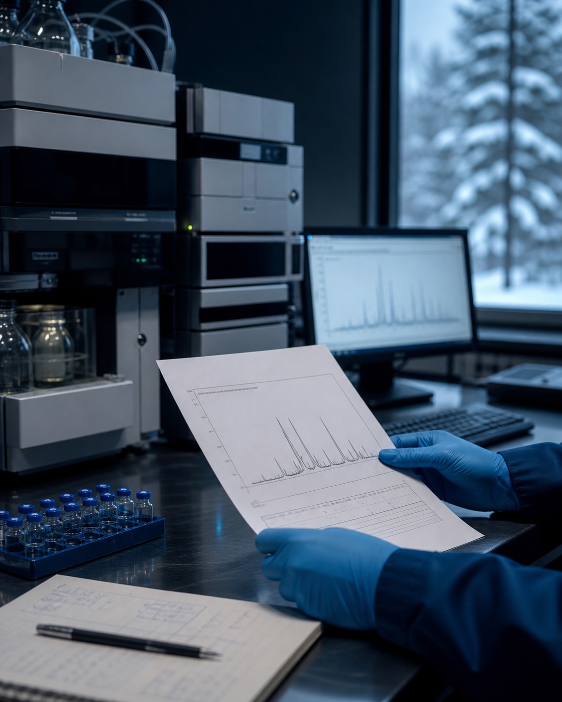 A laboratory analyst reviews a chromatogram beside HPLC equipment and an autosampler vial rack in a Canadian laboratory.