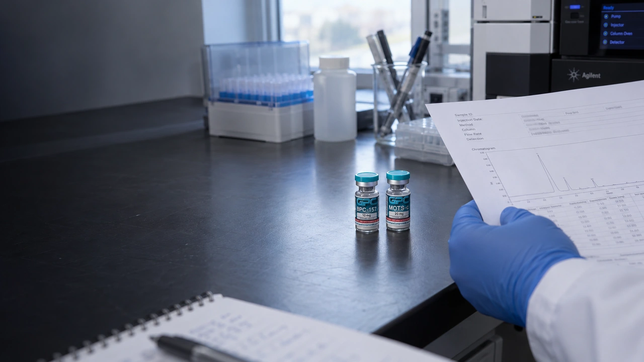 Small BPC-157 and MOTS-C research vials on a laboratory bench beside a report held by a gloved analyst.