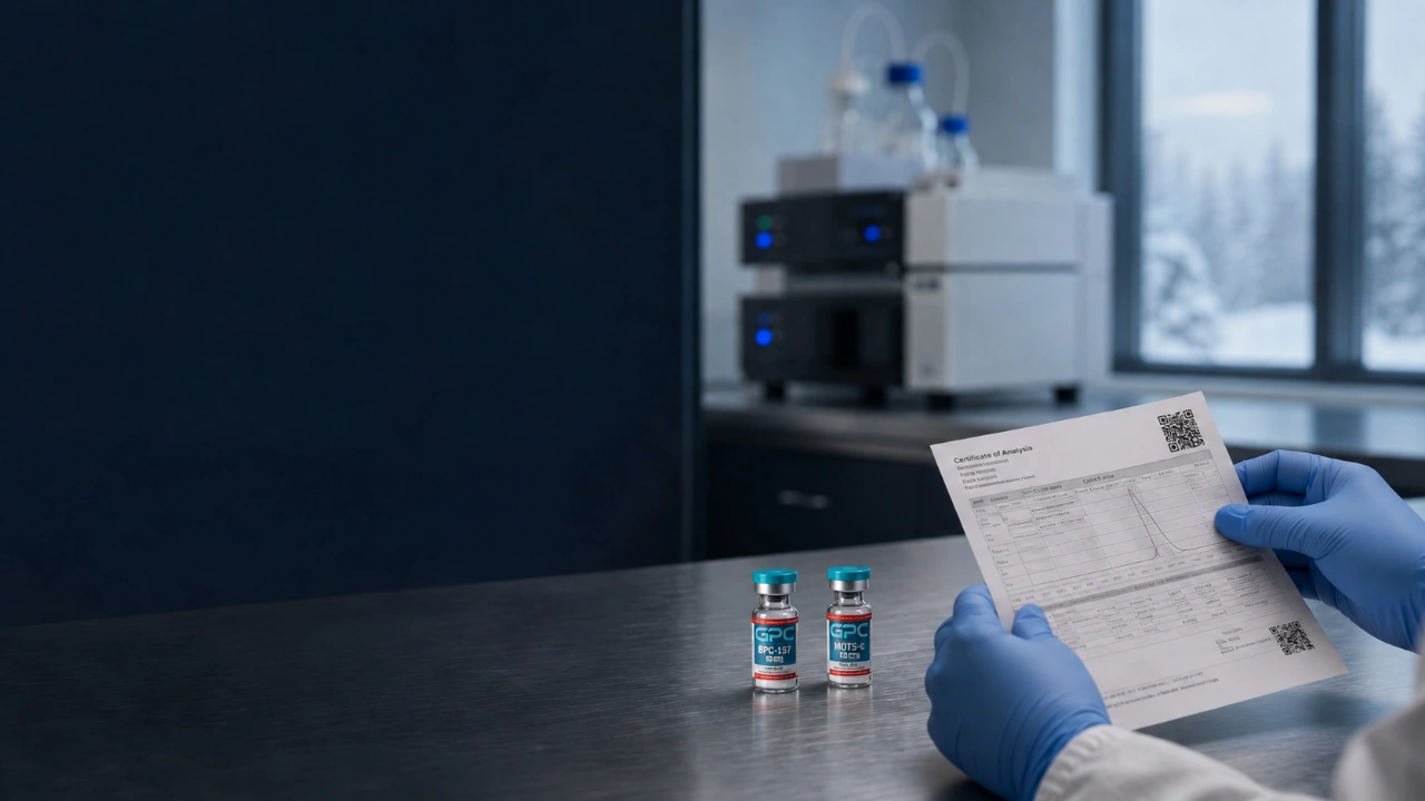 Labelled GPC BPC-157 and MOTS-C research vials on a stainless bench, with a lot certificate in gloved hands and a snowy laboratory window beyond.