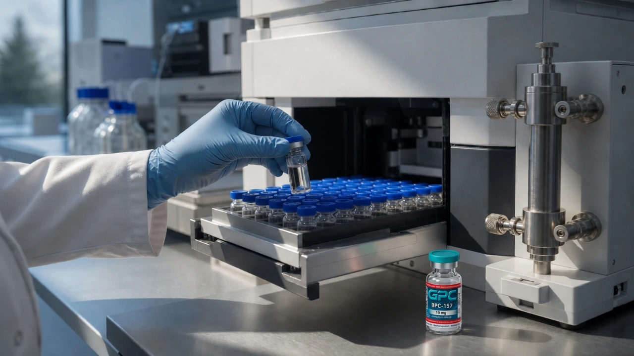 A gloved analyst loads a 2 mL HPLC sample vial into an autosampler beside a reverse-phase C18 column, with a labelled GPC KPV 10 mg source vial standing on the bench.