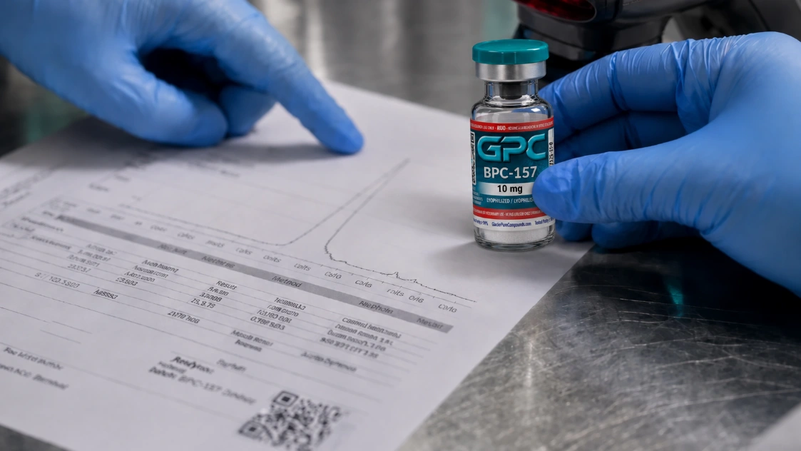 A gloved hand holding a labelled GPC BPC-157 10 mg research vial next to a printed lot-results sheet on a stainless laboratory bench.