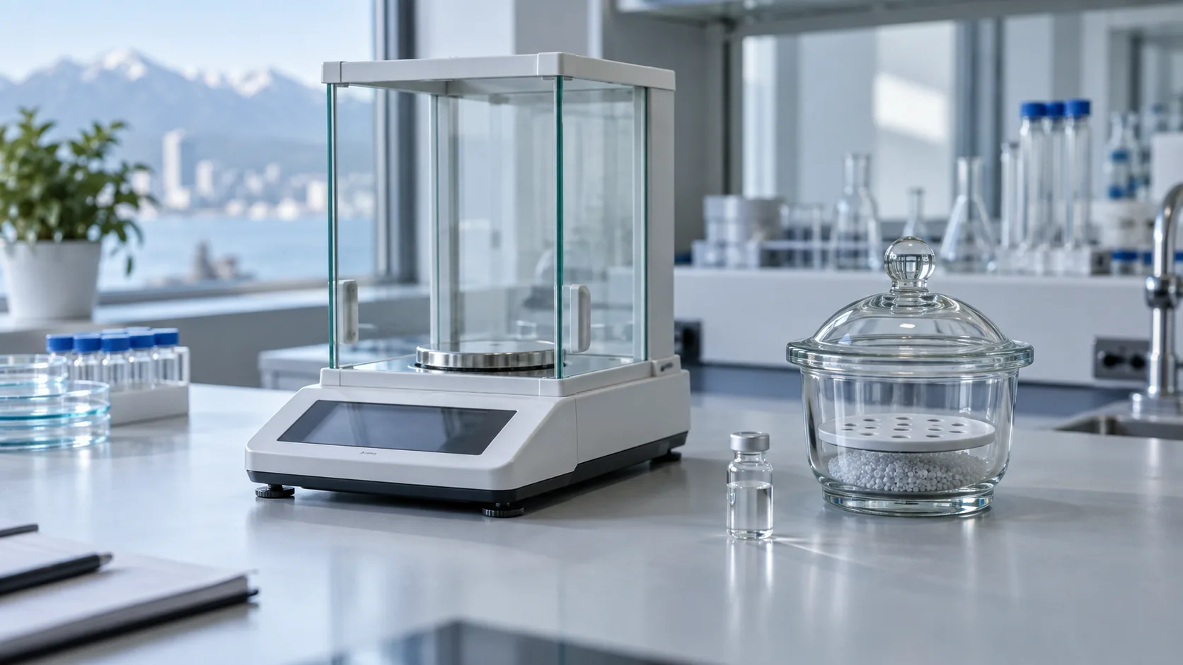 An analytical balance and a desiccator beside a small clear glass vial on a laboratory bench.