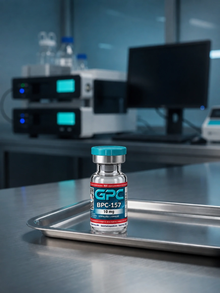 A labelled GPC BPC-157 10 mg 3 mL research vial standing on a stainless laboratory tray, with chromatography instruments and a lab workstation in the background.