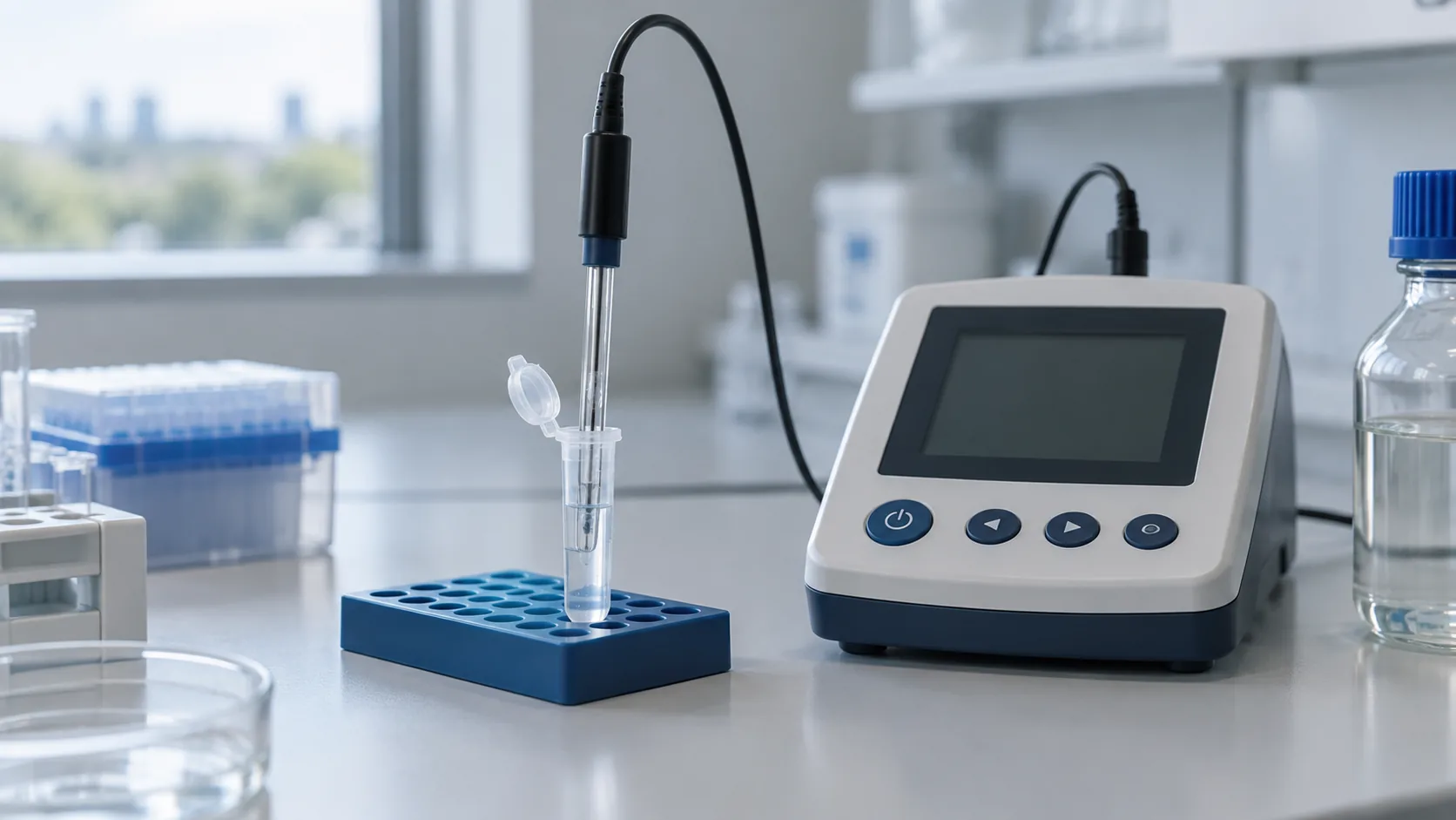 A micro pH electrode in a microcentrifuge tube beside a pH meter on a laboratory bench.