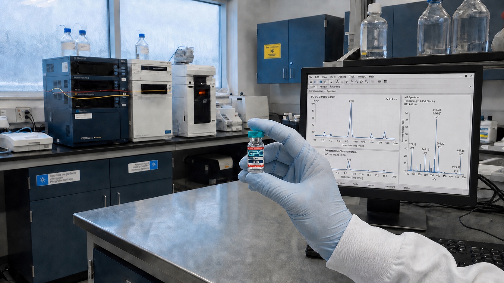 A gloved laboratory analyst holds a 3 mL GPC KPV 10 mg research vial beside a monitor showing LC-UV chromatograms and a mass spectrum.