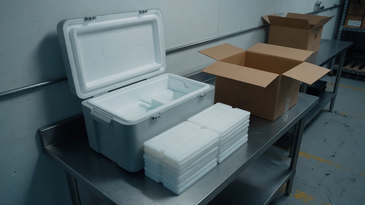 An open insulated shipping cooler and stacked gel packs on a stainless preparation table in a cold warehouse.