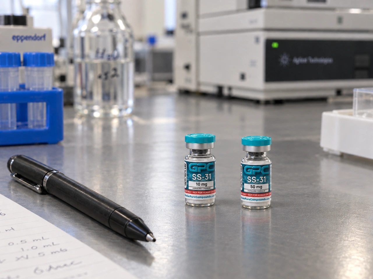 Two equal-sized SS-31 research vials labelled 10 mg and 50 mg beside a pen on a laboratory bench.