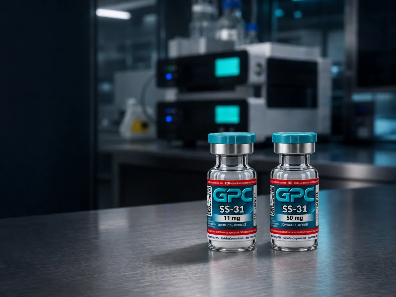 Two GPC research vials with different labelled amounts, illustrating the importance of comparing the amount per vial.
