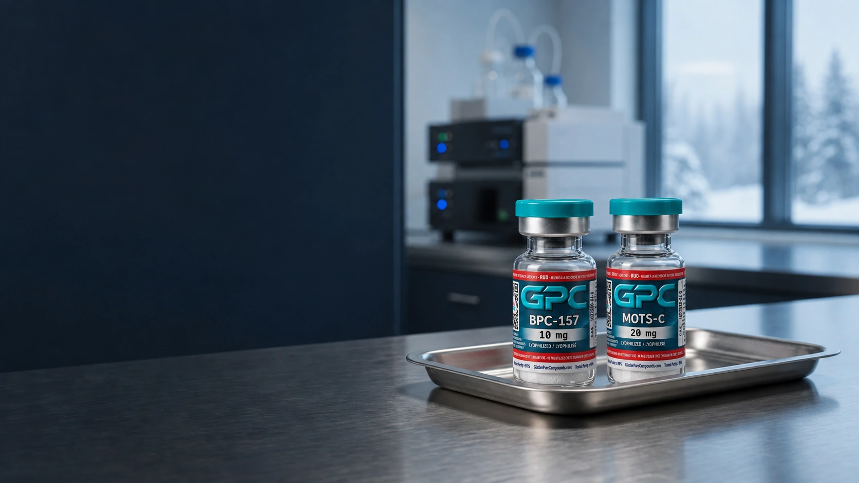 Labelled GPC BPC-157 10 mg and MOTS-C 20 mg research vials on a stainless tray in a Canadian laboratory, with winter light at the window.