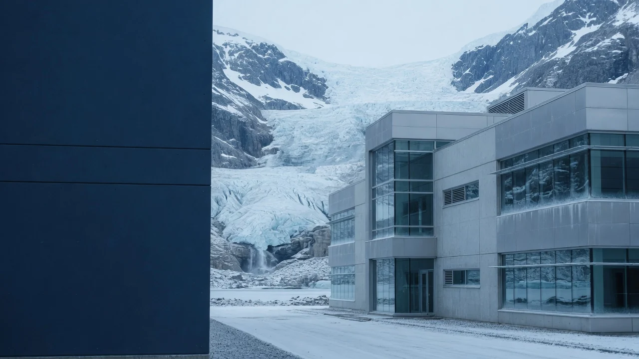 A modern glass-and-concrete research laboratory building against a glacier and snow mountains in cold daylight.