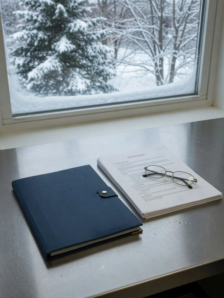A navy folder and printed pages on a stainless desk in front of a window looking onto snow-laden trees.