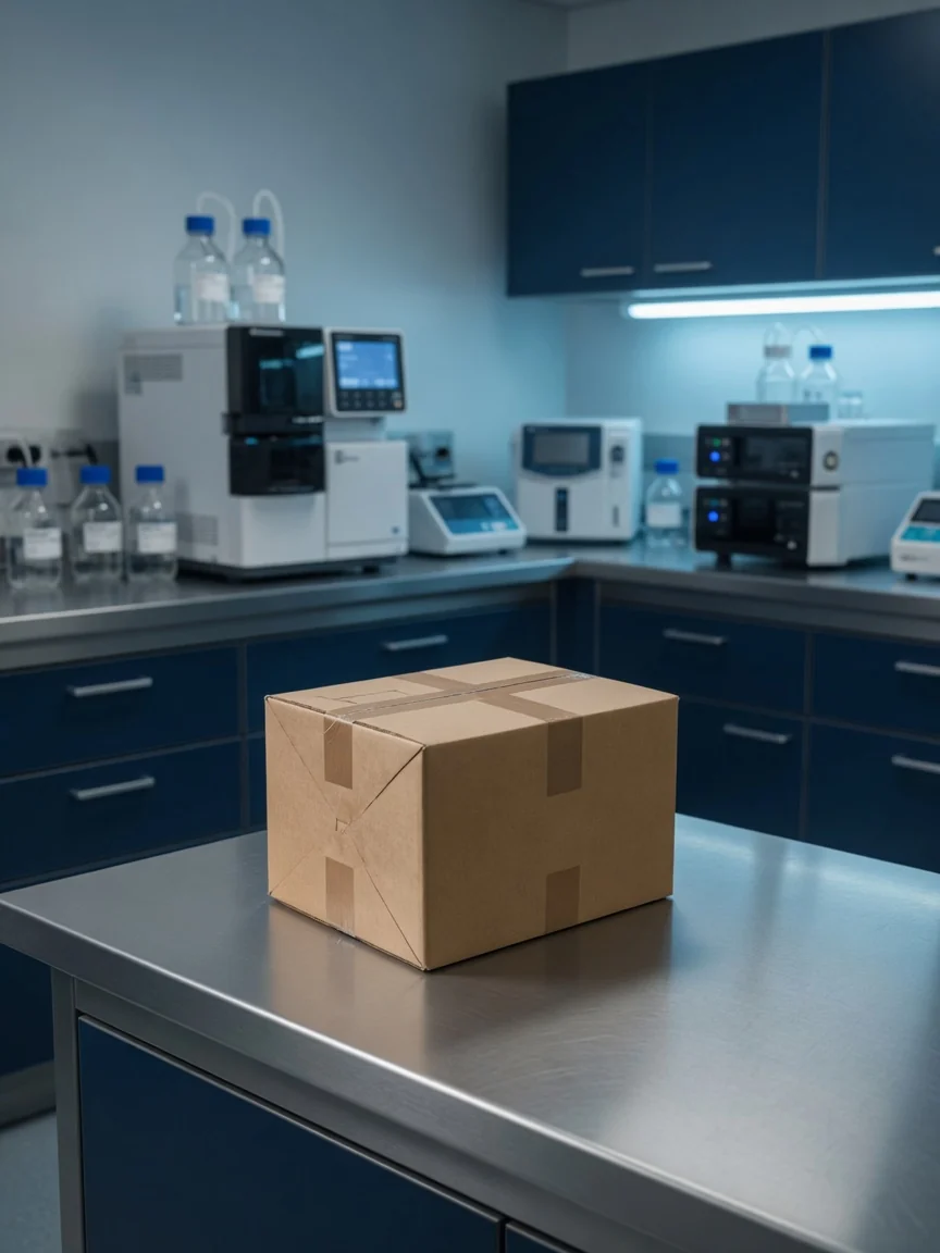 A sealed plain cardboard box on a stainless laboratory bench, with chromatography instruments and navy cabinets in the background.