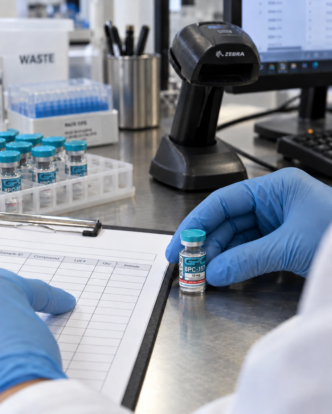 Gloved hands checking a small BPC-157 10 mg research vial beside a blank intake worksheet and barcode scanner.