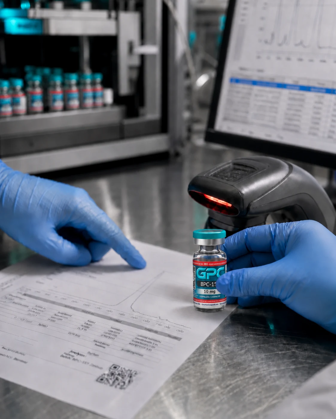 A gloved analyst matching a labelled GPC BPC-157 10 mg research vial against printed batch results on a stainless bench.