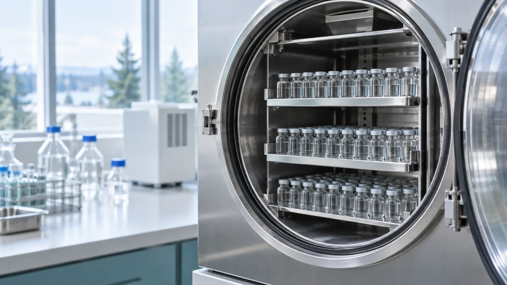 The open shelf chamber of a laboratory freeze-dryer, with rows of small clear glass vials on its shelves.