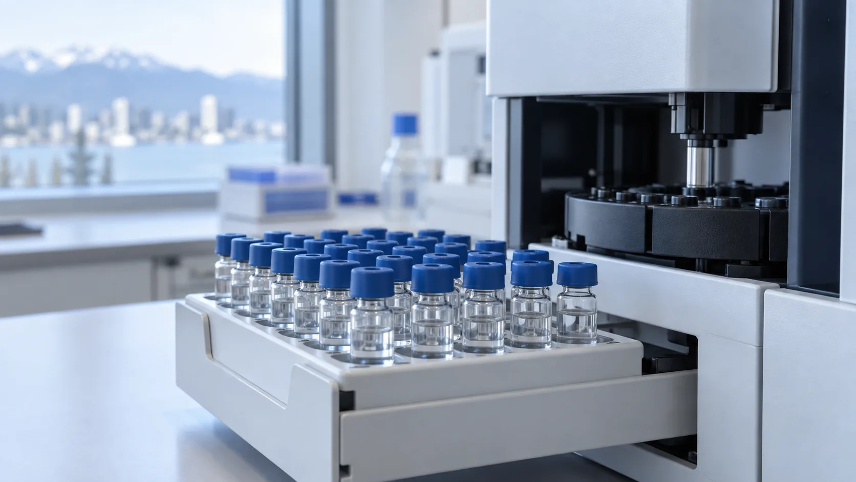 Rows of blue-capped autosampler vials in an HPLC tray beside the instrument.