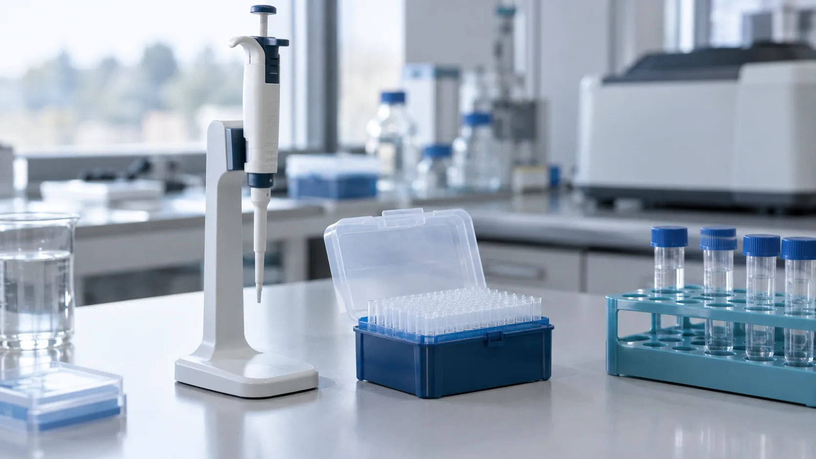 An upright adjustable pipette beside an open box of pipette tips and a tube rack on a laboratory bench.