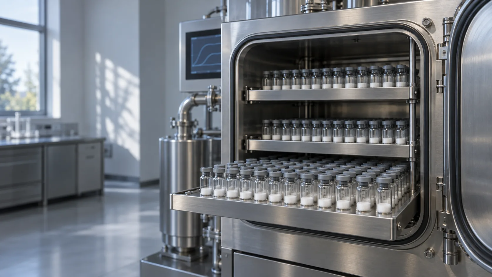 Rows of glass vials with white freeze-dried cakes on the shelves of an open laboratory freeze-dryer.