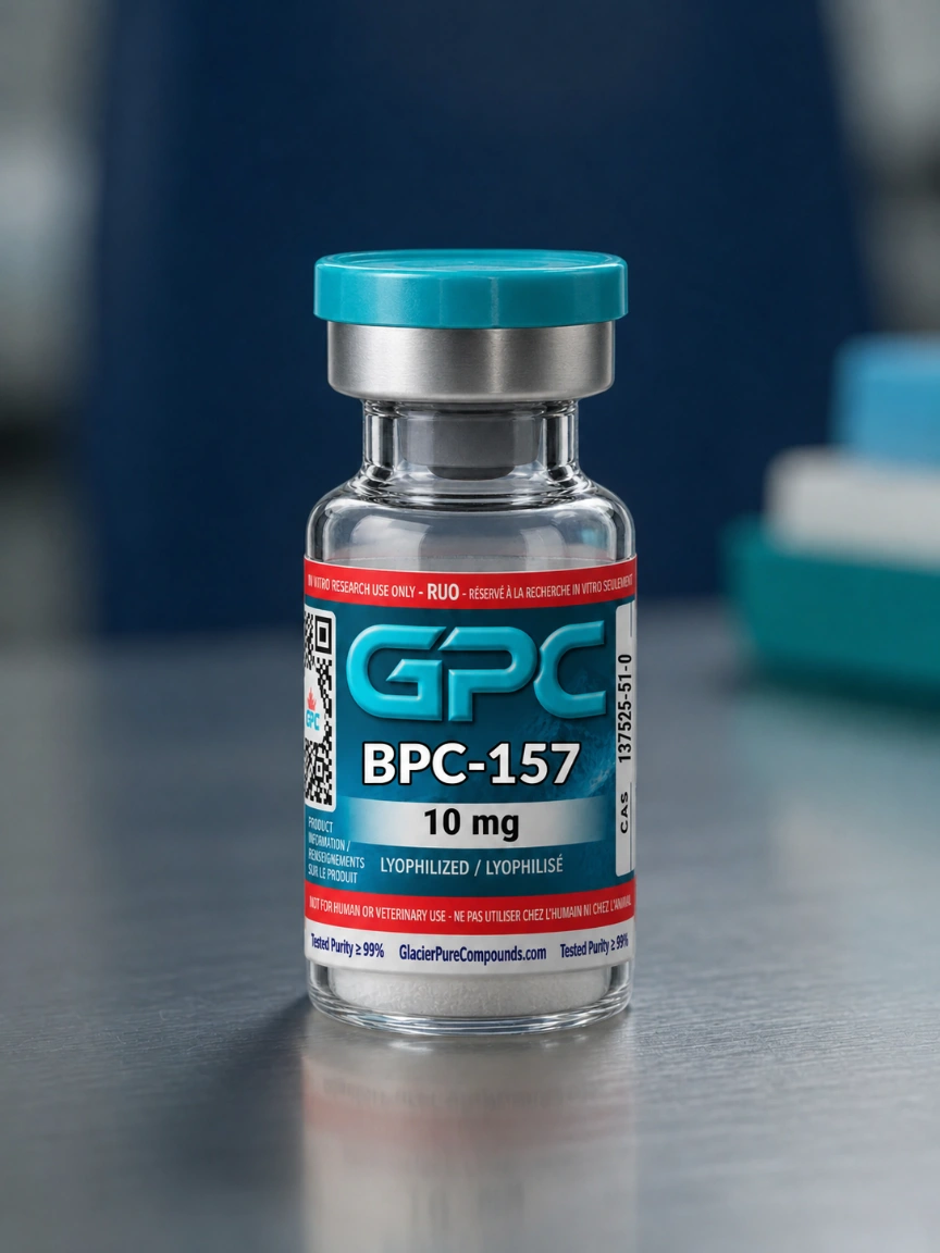 Close-up of a labelled GPC BPC-157 10 mg research vial, with the red research-use-only stripe visible on the label.