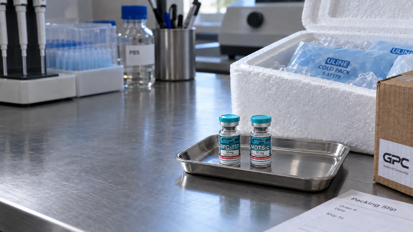 Two small research vials on a stainless tray beside an open insulated shipping cooler and cold packs.