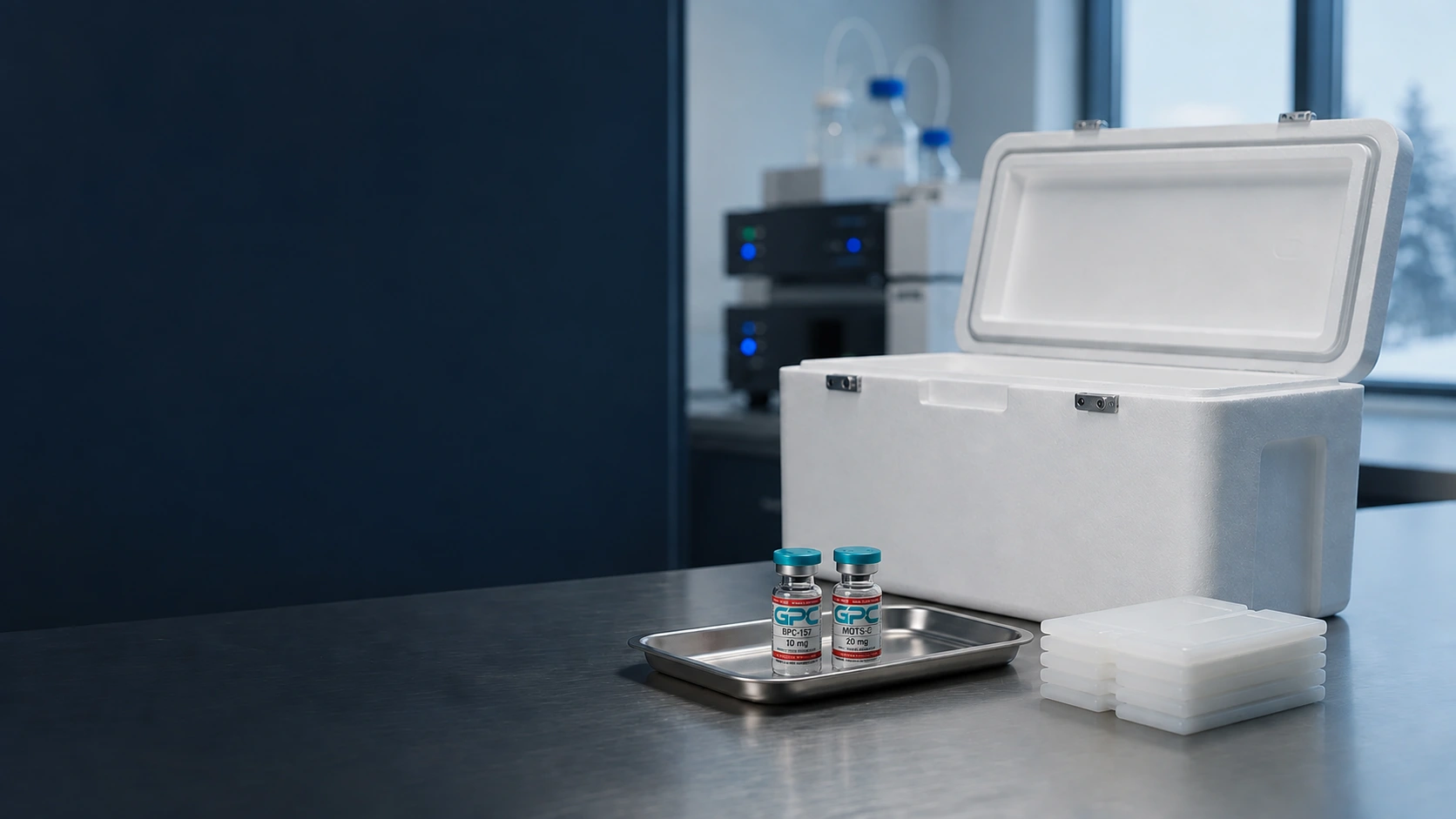 Two small labelled GPC research vials on a stainless tray beside a full-size open insulated shipping cooler and gel packs in a Canadian laboratory.