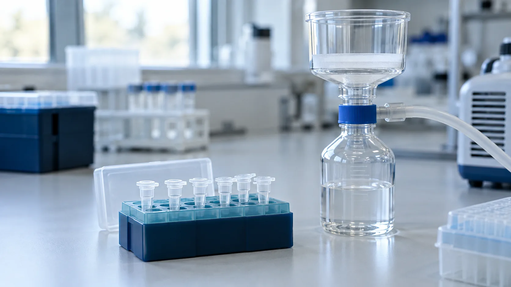 Microcentrifuge tubes standing in a cold rack on a laboratory bench, with a bottle-top vacuum filter behind them.