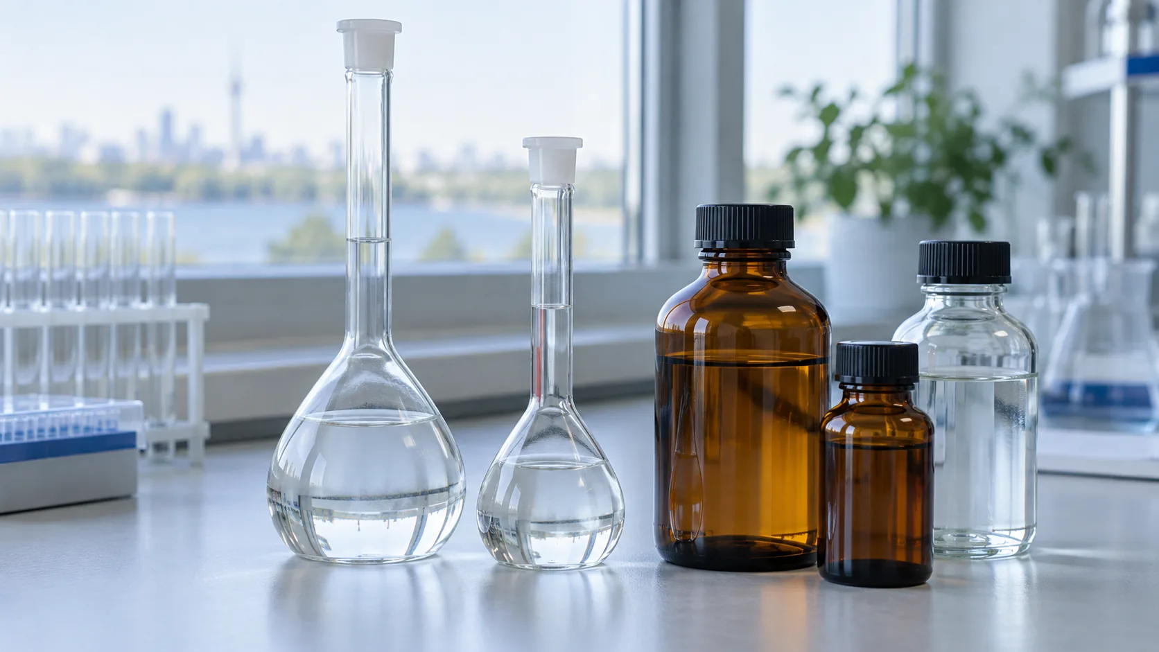 Amber and clear reagent bottles beside volumetric flasks on a laboratory bench.