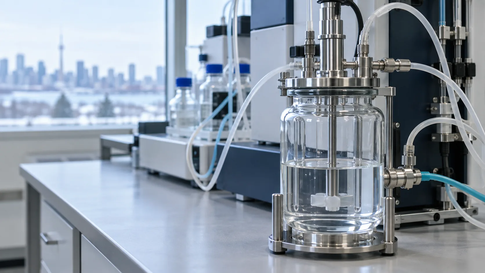 The reaction vessel of a peptide synthesizer, with its fittings, on a laboratory bench.