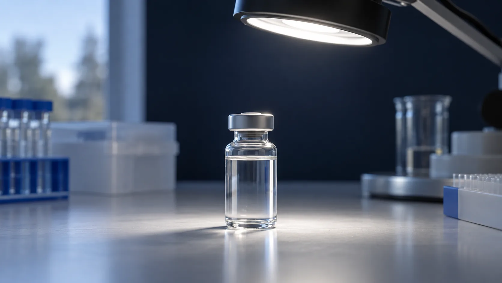 A small clear glass vial on a dark laboratory bench under an inspection lamp.