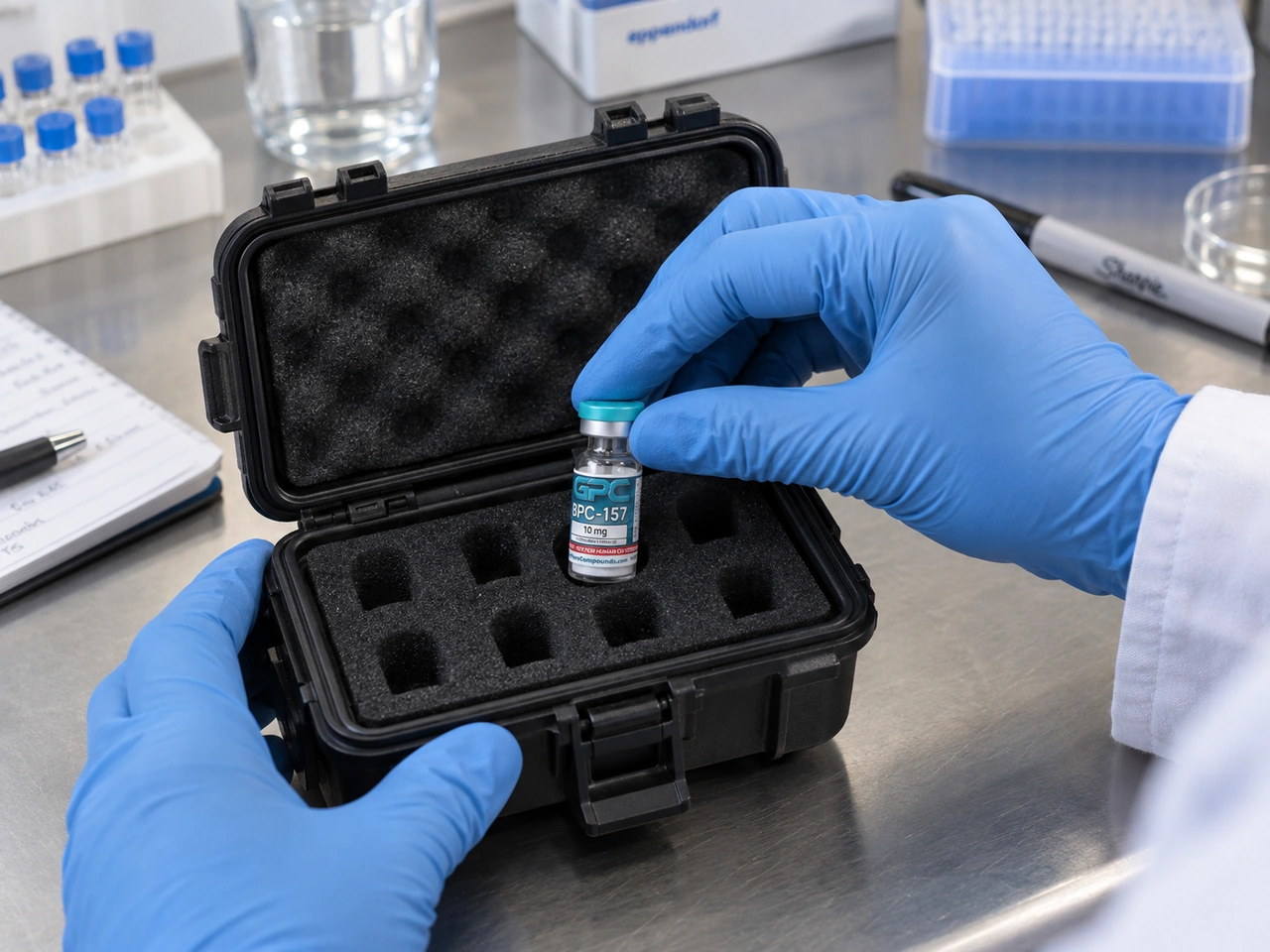 Gloved hands placing a small BPC-157 10 mg research vial into a foam-lined protective case.