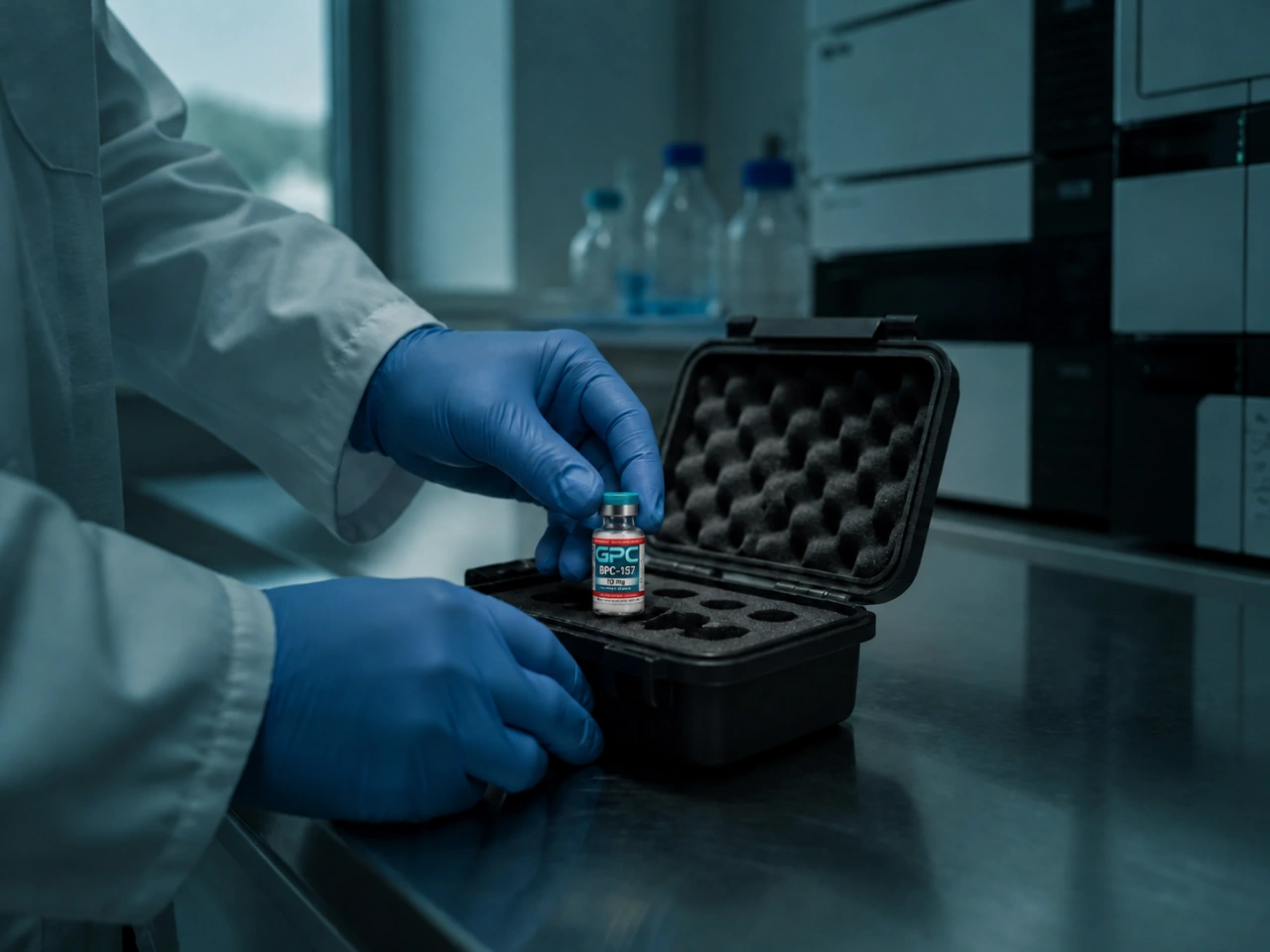 A gloved laboratory worker placing a labelled GPC research vial into a protective test case beside chromatography equipment.
