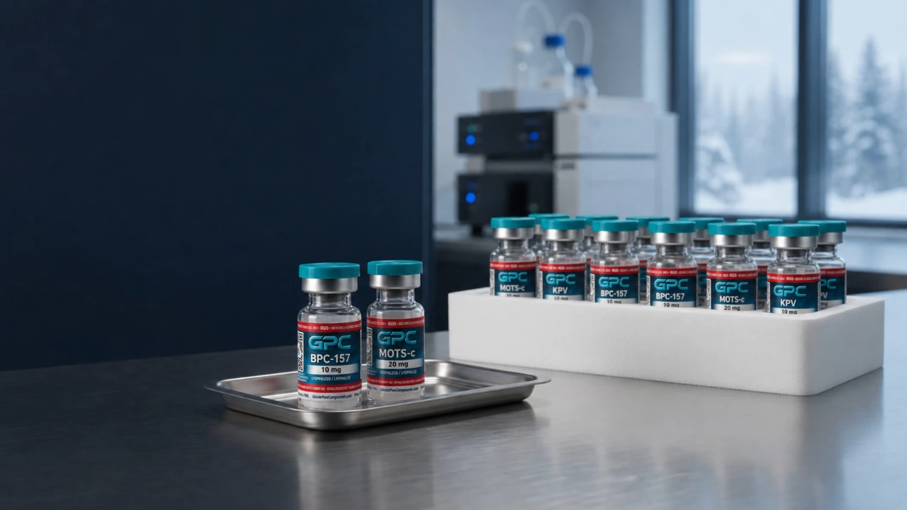 Labelled GPC research vials on a laboratory bench beside a tray of vials ready for research.