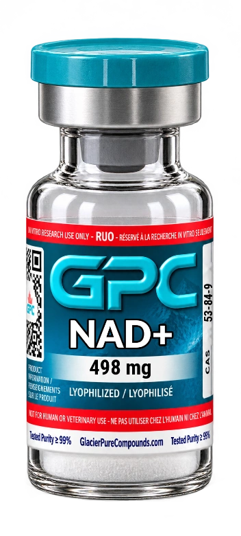 Glacier Pure Compounds NAD+ 498 mg research vial.