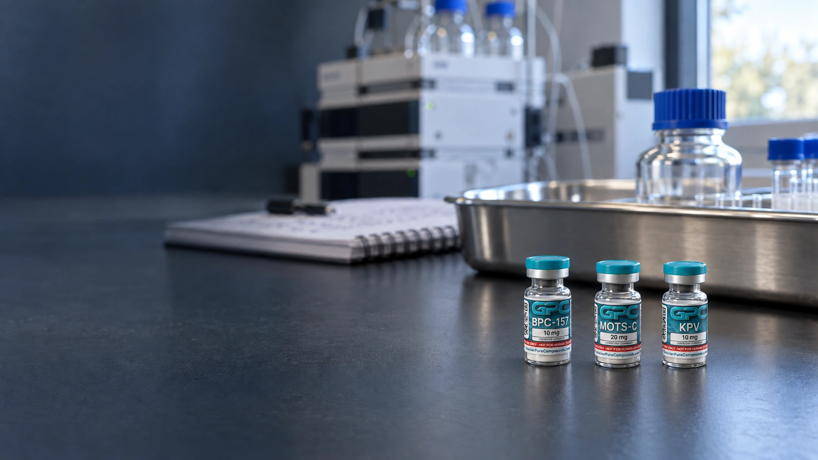 Three small research vials labelled BPC-157 10 mg, MOTS-C 20 mg and KPV 10 mg on a dark laboratory bench, with a liquid chromatography system behind them.
