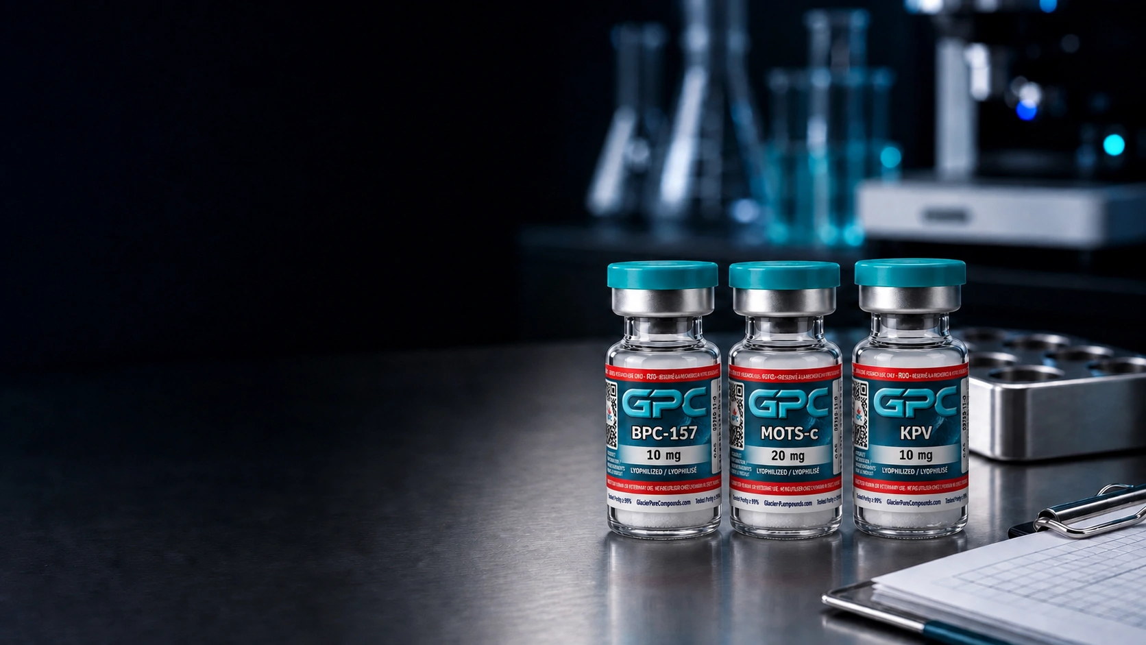 Three labelled Glacier Pure Compounds research vials on a sample tray in an analytical laboratory.