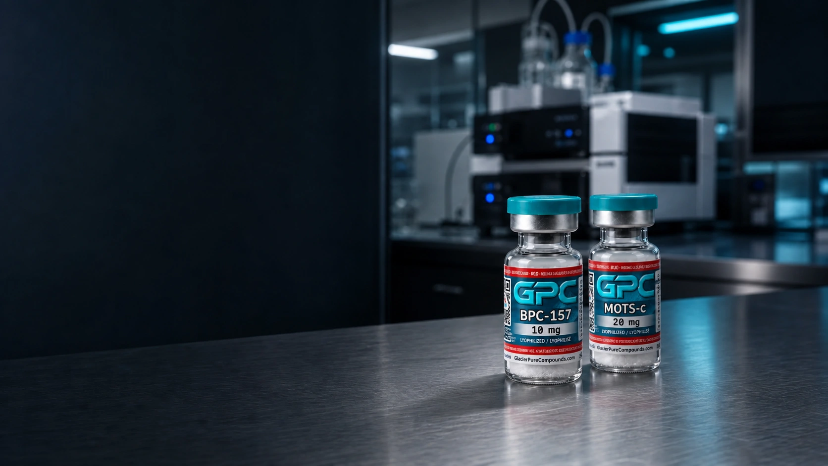 Labelled BPC-157 and MOTS-C GPC research peptide vials on a stainless laboratory bench beside chromatography equipment.
