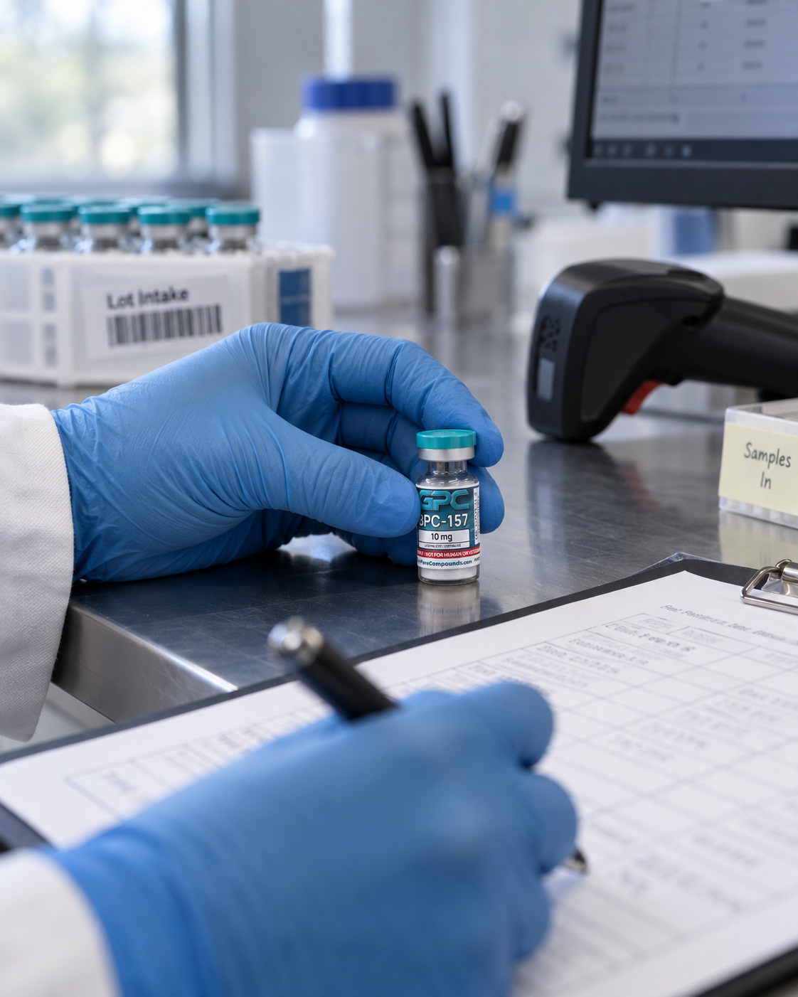 Gloved hands checking a small BPC-157 research vial and documenting sample intake at a laboratory bench.
