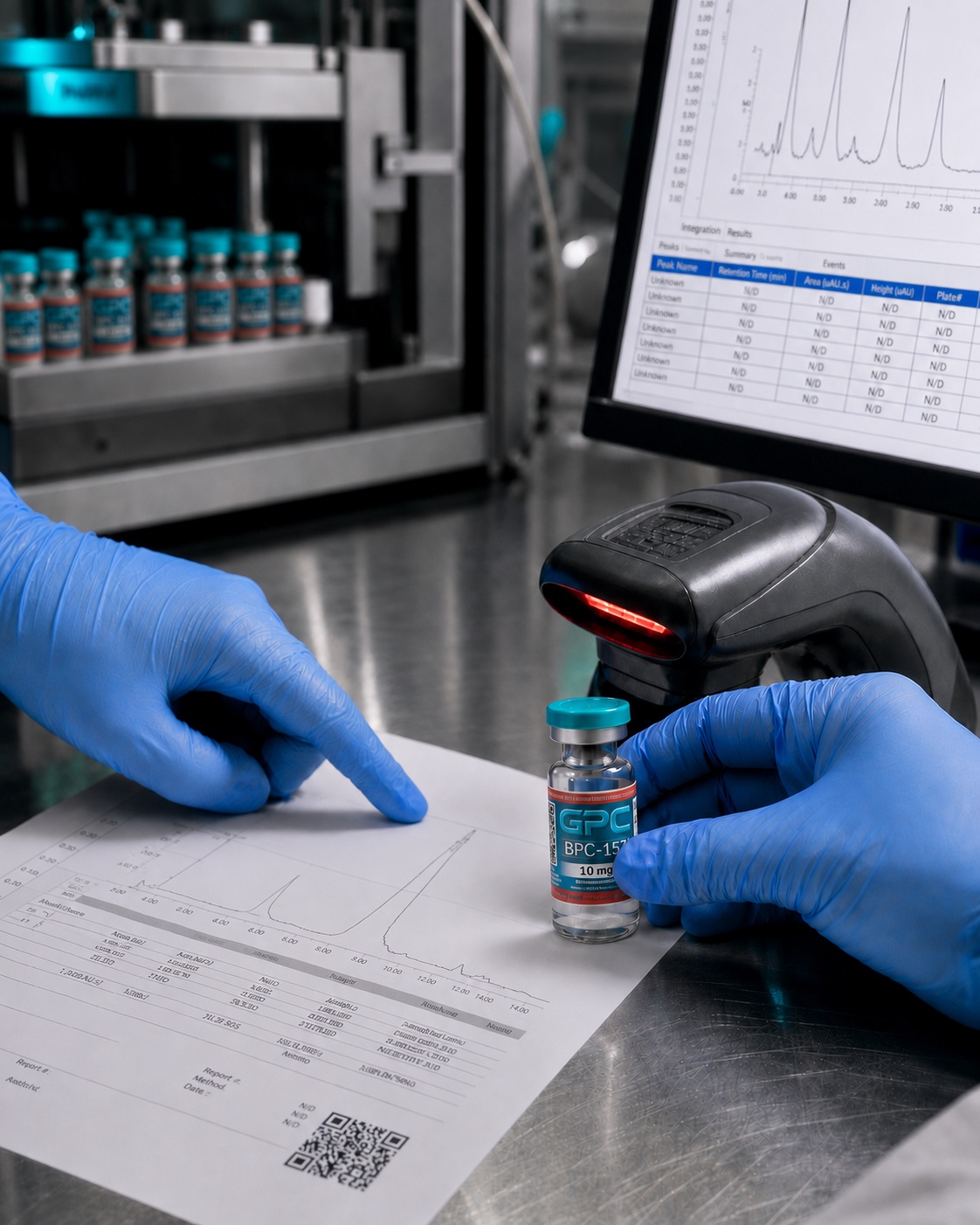A laboratory analyst compares a labelled GPC vial with lot documentation and chromatography results.