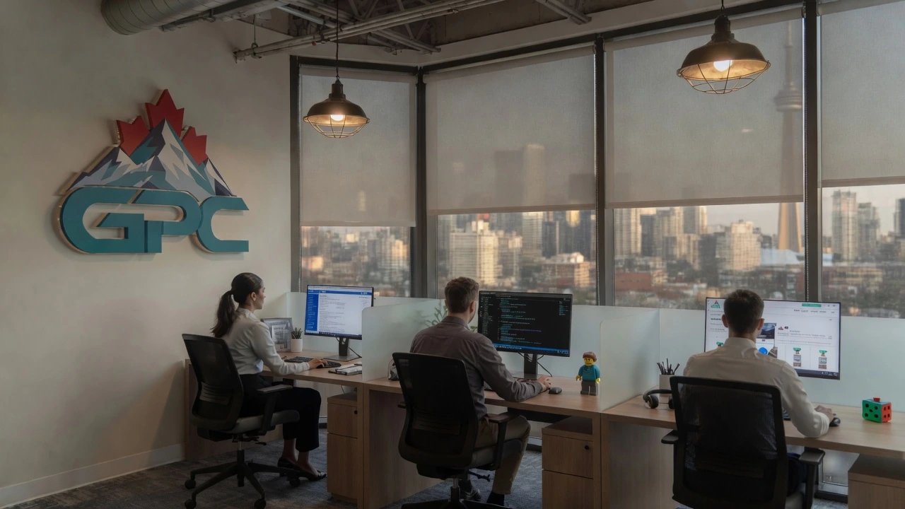 A GPC wall sign beside a row of oak support desks seen from behind, looking out over downtown Toronto with the CN Tower and Rogers Centre in the distance.