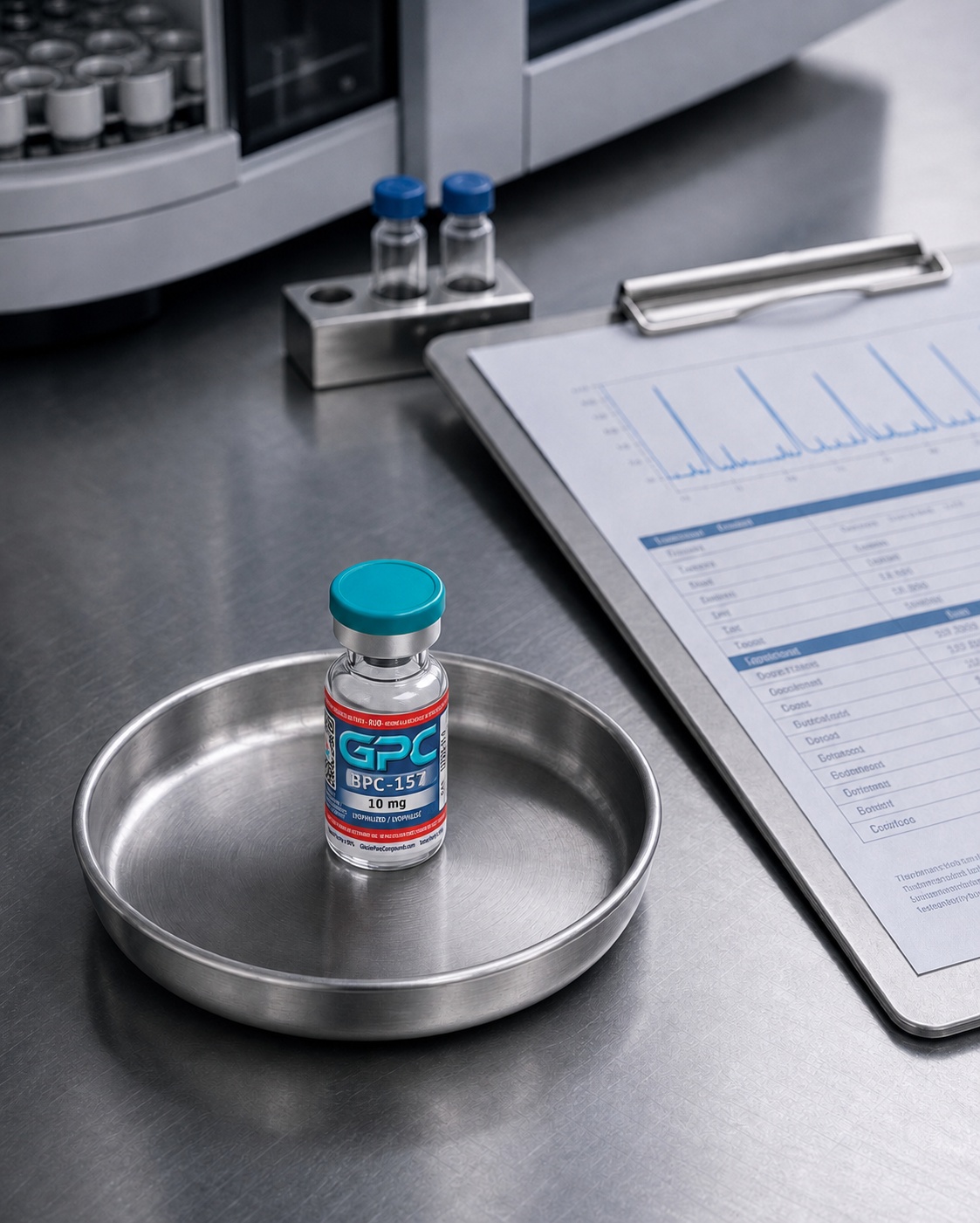 A small labelled GPC research vial beside chromatography results and laboratory analysis paperwork on a stainless-steel bench.