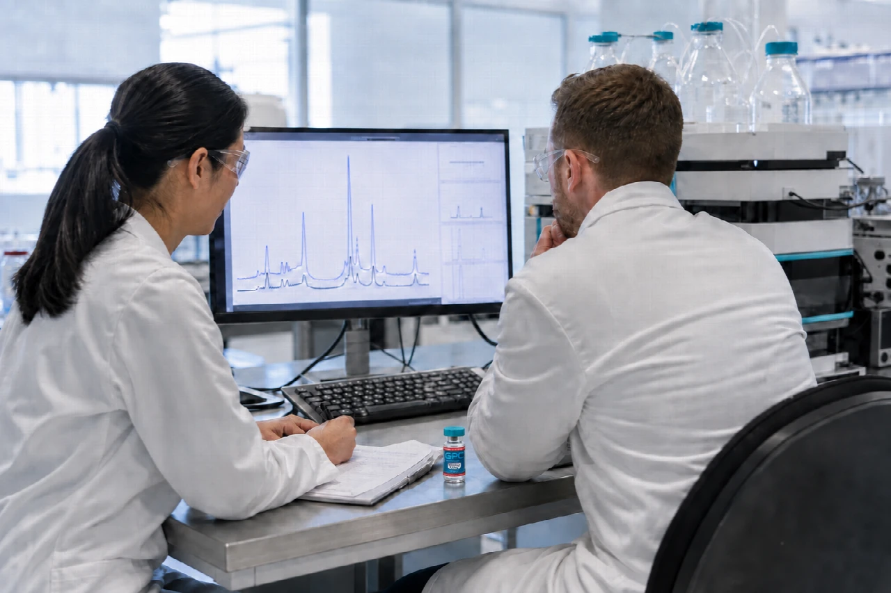 Two laboratory researchers reviewing chromatogram traces on a monitor beside liquid chromatography equipment.