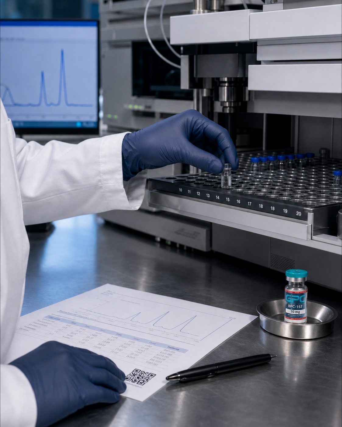 A laboratory analyst loads an autosampler beside a labelled GPC research vial, a chromatogram worksheet and verification evidence.